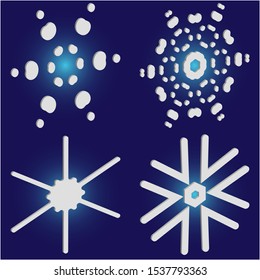 Set of isolated falling snowflakes on blue background.  Cool concept accurate forms and colors. Vector illustration icons. White xmas paper craft 3d ornaments for banners, greeting cards.