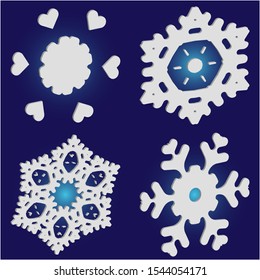 Set of isolated falling snowflakes on blue background.  Cool concept accurate forms and colors. Vector illustration decorations. White xmas paper craft 3d ornaments for banners, greeting cards.