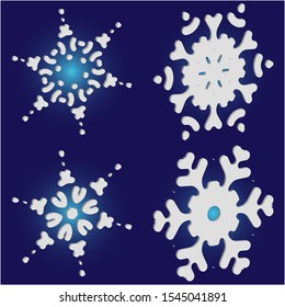 Set of isolated falling snowflakes on blue background.  Vector illustration decorations. Effective concept accurate forms and colors. White xmas paper craft 3d ornaments for banners, greeting cards.
