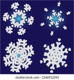 Set of isolated falling snowflakes on blue background.  Vector illustration decorations. Cool concept accurate forms and colors. White xmas paper craft 3d ornaments for banners, greeting cards.