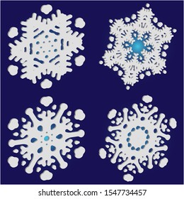 Set of isolated falling snowflakes on blue background.  Vector illustration decorations. Geometric concept accurate forms and colors. White xmas paper craft 3d ornaments for banners, greeting cards.