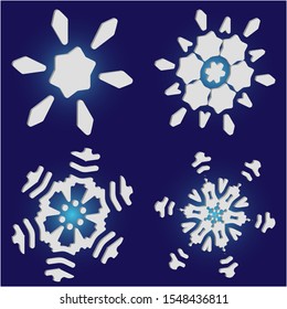 Set of isolated falling snowflakes on blue background.  Vector illustration posters. Clean concept accurate forms and colors. White xmas paper craft 3d ornaments for banners, greeting cards.