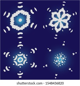 Set of isolated falling snowflakes on blue background.  Original concept accurate forms and colors. Vector illustration textures. White xmas paper craft 3d ornaments for banners, greeting cards.