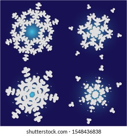 Set of isolated falling snowflakes on blue background.  Vector illustration graphics. Original concept accurate forms and colors. White xmas paper craft 3d ornaments for banners, greeting cards.
