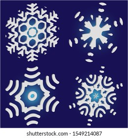 Set of isolated falling snowflakes on blue background.  Geometric concept accurate forms and colors. Vector illustration patterns. White xmas paper craft 3d ornaments for banners, greeting cards.