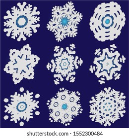 Set of isolated falling snowflakes on blue background.  Original concept accurate forms and colors. Vector illustration textures. White xmas paper craft 3d ornaments for banners, greeting cards.