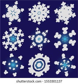 Set of isolated falling snowflakes on blue background.  Vector illustration posters. Geometric concept accurate forms and colors. White xmas paper craft 3d ornaments for banners, greeting cards.