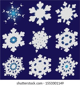 Set of isolated falling snowflakes on blue background.  Vector illustration templates. Clean concept accurate forms and colors. White xmas paper craft 3d ornaments for banners, greeting cards.