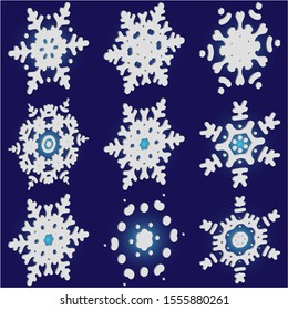 Set of isolated falling snowflakes on blue background.  Abstract concept accurate forms and colors. Vector illustration art. White xmas paper craft 3d ornaments for banners, greeting cards.