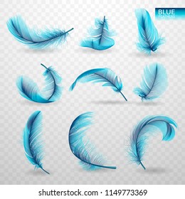Set of isolated falling white fluffy twirled feathers on transparent background in realistic style. Vector Illustration