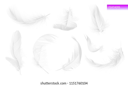 Set of isolated falling white fluffy twirled feathers on white background in realistic style. Vector Illustration