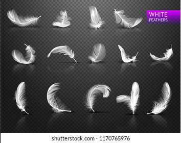 Set of isolated falling white fluffy twirled feathers on transparent background in realistic style. Vector Illustration