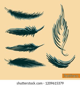 Set of isolated falling white fluffy twirled feathers on transparent background in realistic style vector illustration