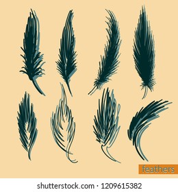 Set of isolated falling white fluffy twirled feathers on transparent background in realistic style vector illustration