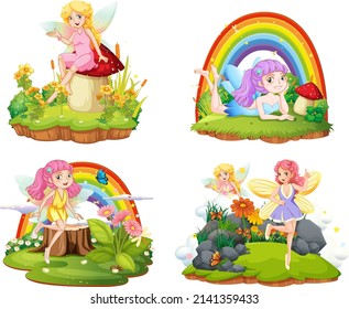 Set of isolated fantastic forests with beautiful fairies illustration