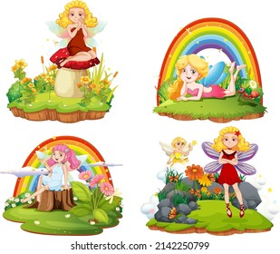 Set of isolated fantastic forests with beautiful fairies illustration
