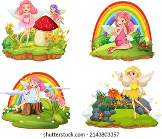 Set of isolated fantastic forests with beautiful fairies illustration