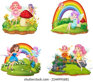 Set of isolated fantastic forests with beautiful fairies illustration