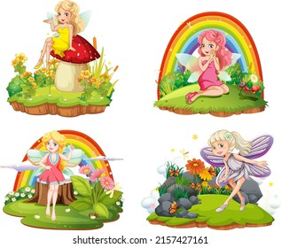 Set of isolated fantastic forests with beautiful fairies illustration