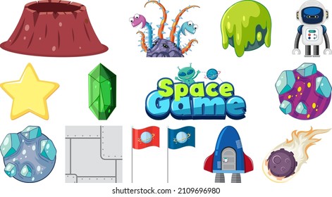 Set of isolated fantasy space game objects and elements illustration