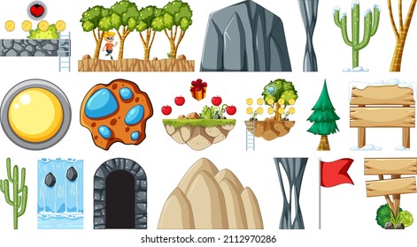 Set of isolated fantasy space game objects and elements illustration