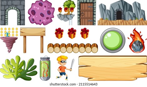 Conjunto de elementos y objetos de juego espaciales de fantasía aislados