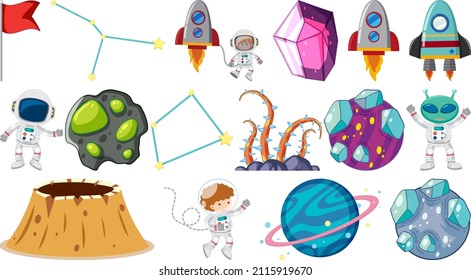 Set of isolated fantasy space game objects and elements illustration