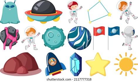 Conjunto de elementos y objetos de juego espaciales de fantasía aislados