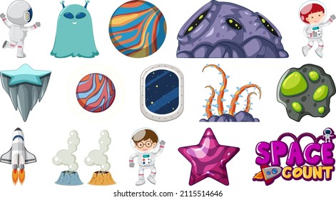 Set of isolated fantasy space objects illustration