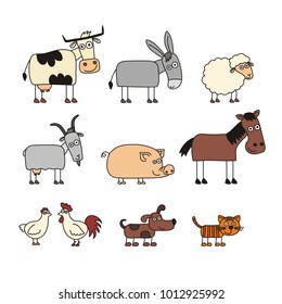 Set of isolated farm animals in cartoon style on white background. 