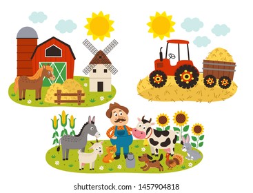 set of isolated farm scenes - vector illustration, eps    