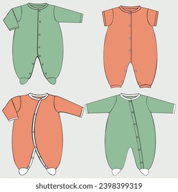 Set of isolated fashion flat sketch for baby. Baby rompers, bodysuit vector. Baby clothes set vector illustration
