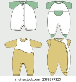 Set of isolated fashion flat sketch for baby. Baby rompers, bodysuit vector. Baby clothes set vector illustration
