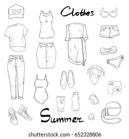 Set with isolated fashion objects - dress, clothes, bags for young woman on white background. Romantic,summer beach style. Calligraphy phrase. Black and white, monochrome