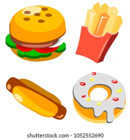 Set of isolated fast food icons: burger, french fries, hot dog, donut