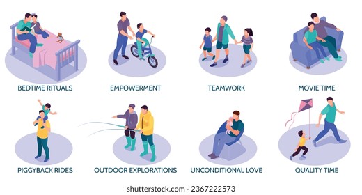 Set with isolated father day compositions of isometric icons with characters of family members and text vector illustration