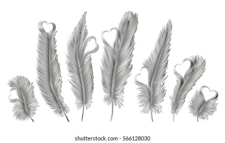 Set of isolated feathers with hearts. Vector illustration. EPS 10