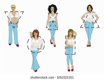 Set of isolated female body shape types. Female body types anatomy. Different styles of jeans. Cartoon style. Vector illustration is made in layers