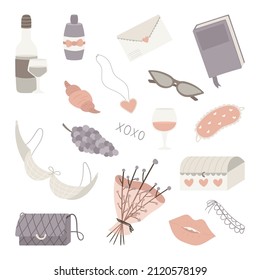 Set of isolated feminine doodle elements for valentines day. Design elements, personal girlish accessories, wine and croissant.