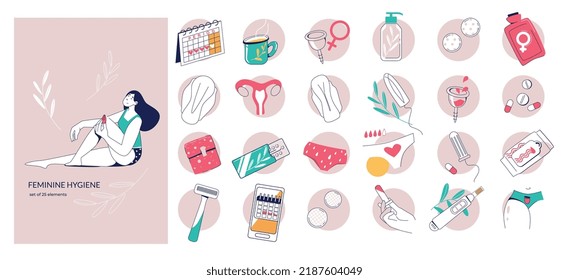 Conjunto con composiciones planas de higiene femenina aisladas con iconos de estilo de boceto de suministros personales para la ilustración de vector menstrual