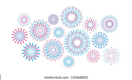 Set of isolated festive fireworks on a white background. Vector flat illustration