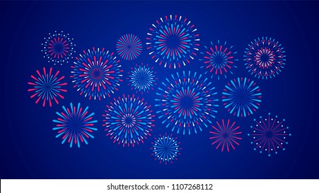 Set of isolated festive fireworks on a night background. Vector illustration