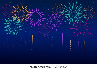 Set of isolated festive fireworks on a blue background. Vector illustration