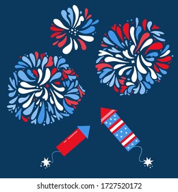 Set of isolated festive fireworks and rockets on a dark blue background. Vector flat illustration fot 4th of July