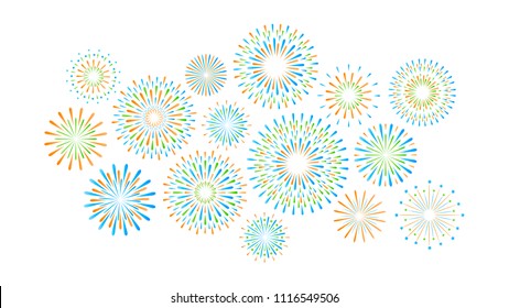 Set of isolated festive gree, blue, orange fireworks on a white background. Vector illustration 