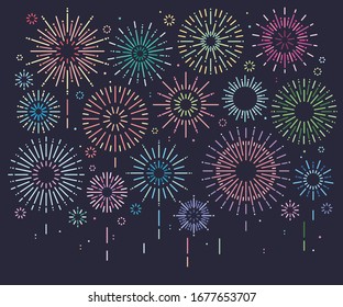 Set of isolated festive multicolored fireworks, Vector illustration, Firework show in night sky