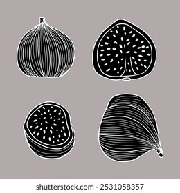 Set of isolated figs, linocut, line art.