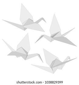 Set of Isolated figure of japanese crane folded from white paper in origami style on white background. Symbol of hope. Various views.