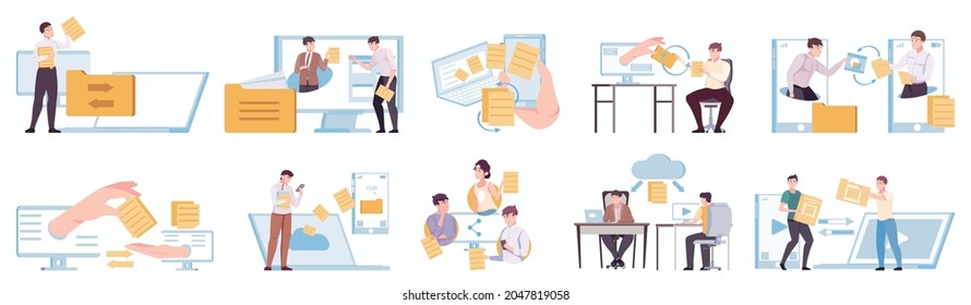 Set of isolated file sharing transfer icons with flat pictograms of cloud arrows gadgets and people vector illustration