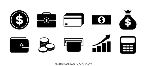 Eine Reihe isolierter Finanzsymbole, einschließlich Geld, Geldbörse, Kreditkarte, Bargeld, Wachstumsdiagramm und Rechner. Sauberer, flacher Vektorstil, ideal für Finanz-Apps, Business-UI, Infografiken und kommerzielles Design.